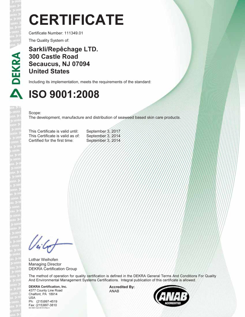 Sarkli/Repêchage LTD., ISO 9001:2008