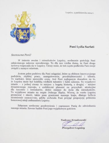 Lydia Sarfati Awarded “Honorary Ambassador of Legnica”