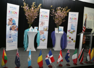 Internaional flags on the stage to represent attendees from around the globe at the Repechage 18th Annual International Conference